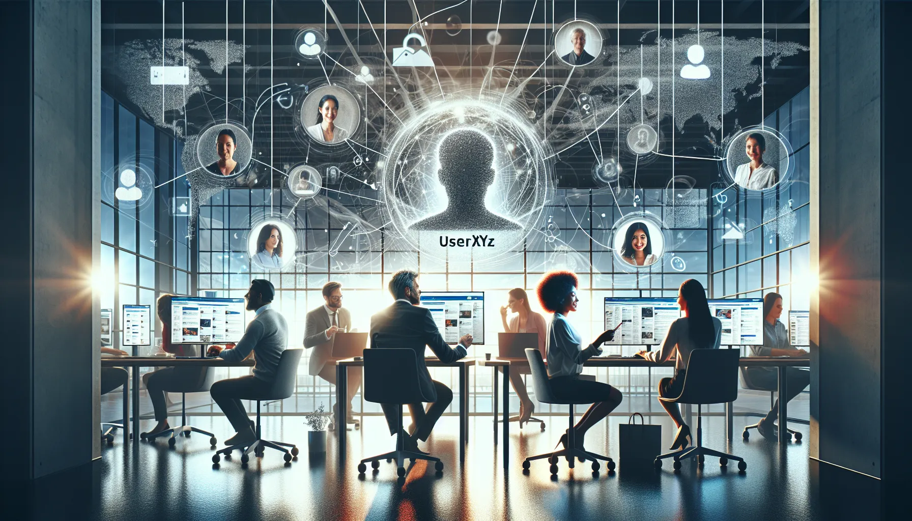 diverse professionals engaging in online discussions in a modern office.