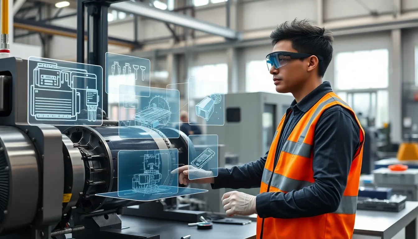 technician using augmented reality for machinery repair in an industrial setting.