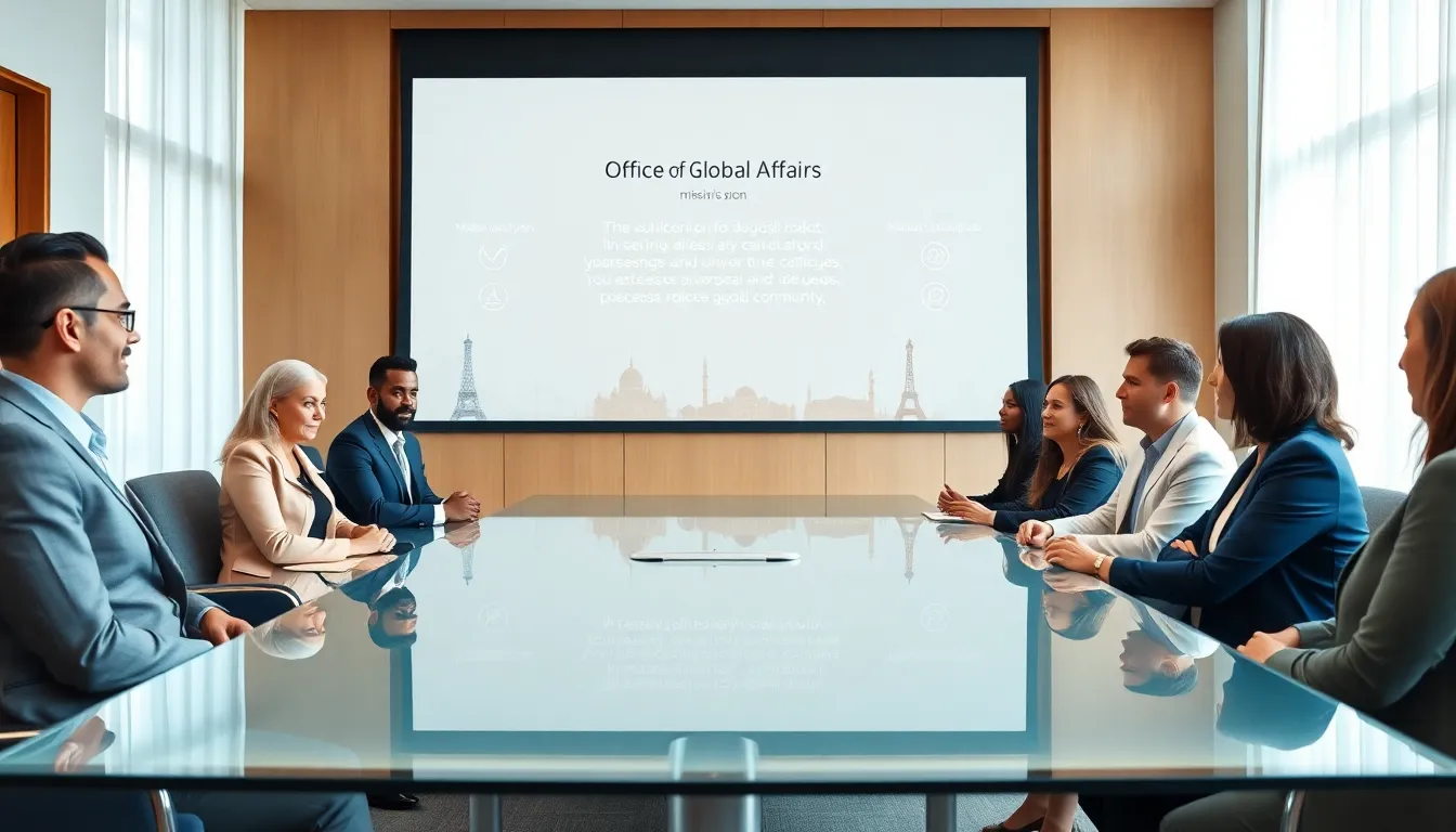 diverse professionals discussing global affairs in a modern conference room.