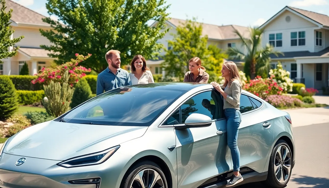 A diverse family with an electric vehicle in a suburban neighborhood.