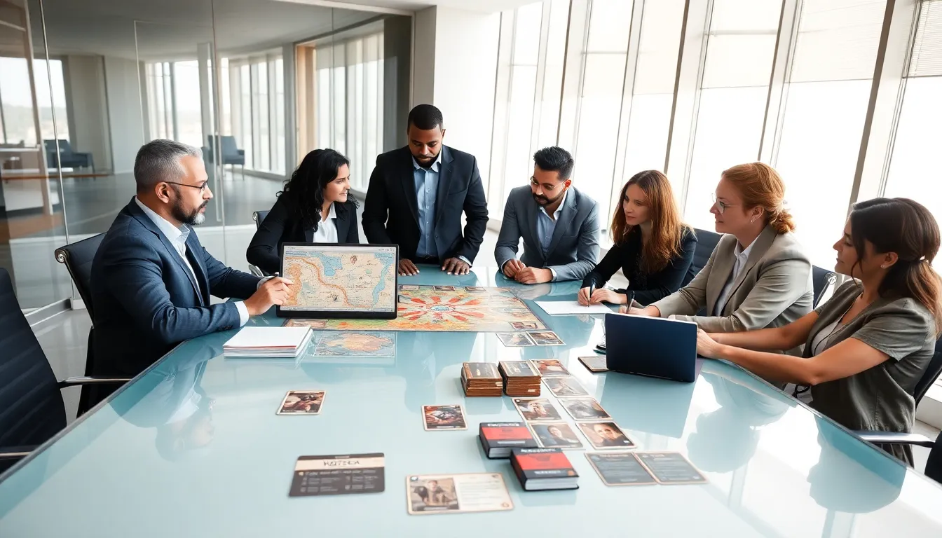 professionals collaborating on gaming strategies in a modern office setting.