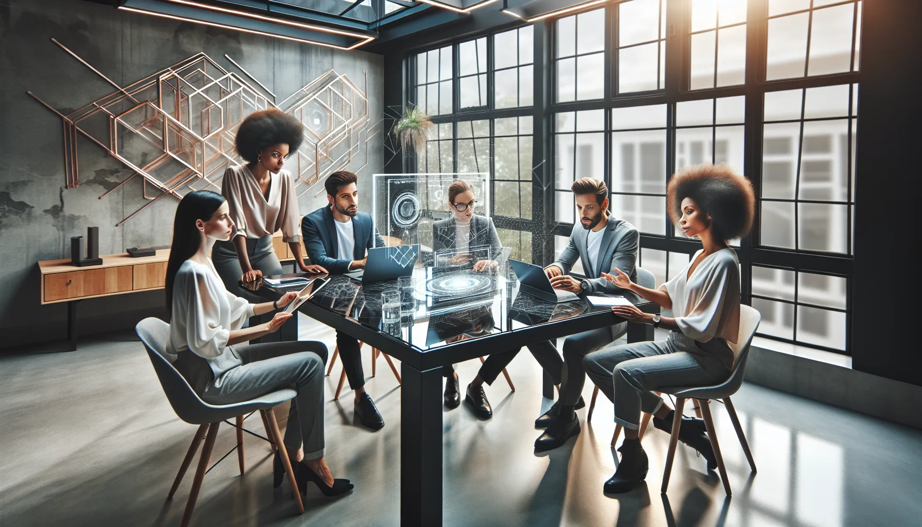 diverse team collaborating in a modern office with technology.