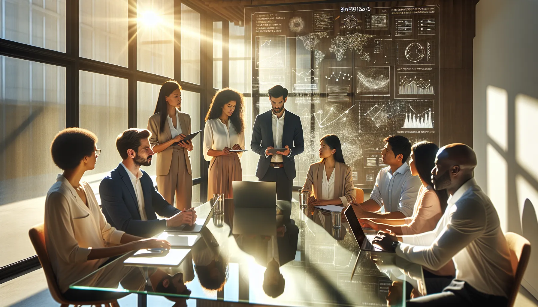 diverse professionals collaborating on data analytics in a modern office.