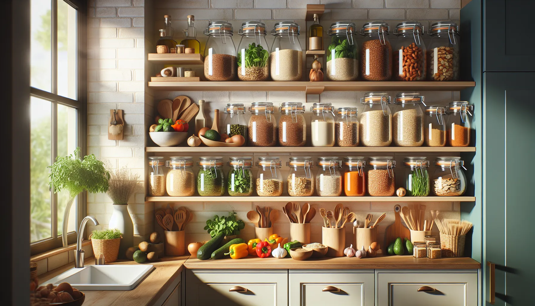 organized pantry with essential ingredients for healthy cooking.