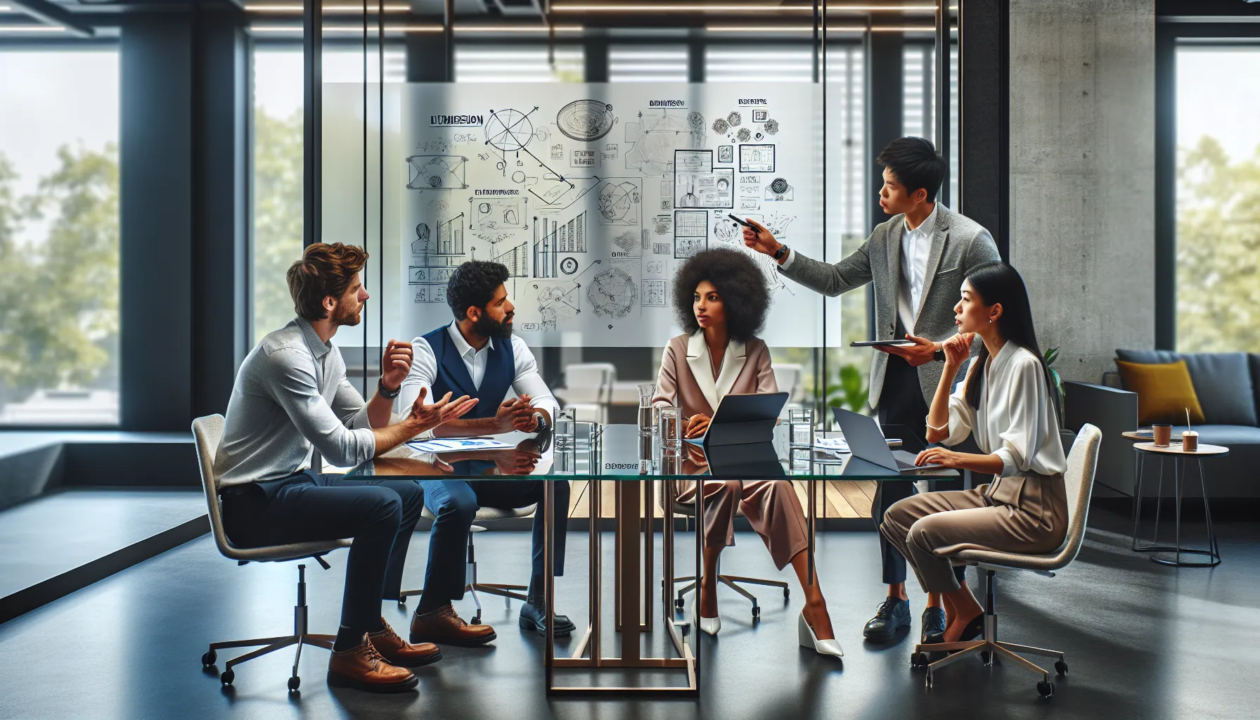 diverse team collaborating in a modern office on design dimensions.