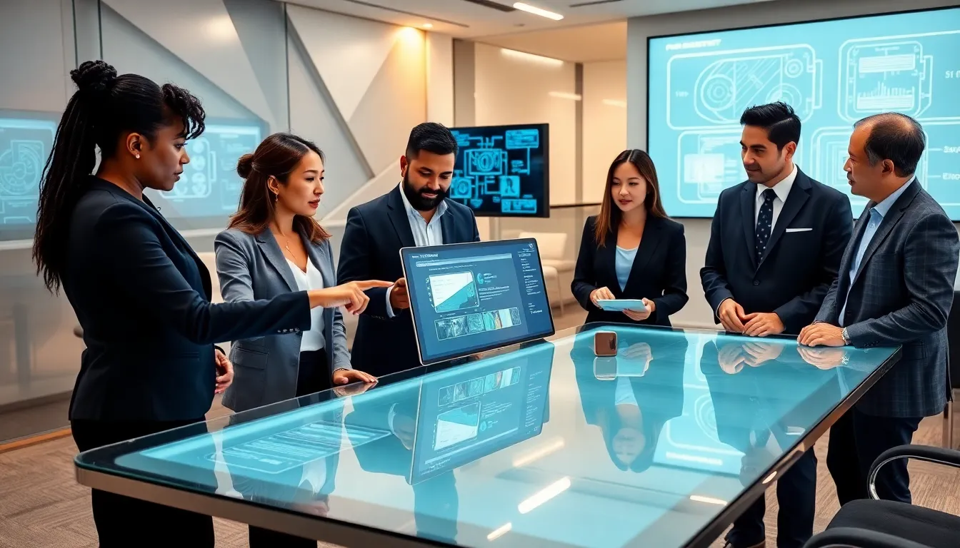 diverse professionals discussing technology in a modern office.