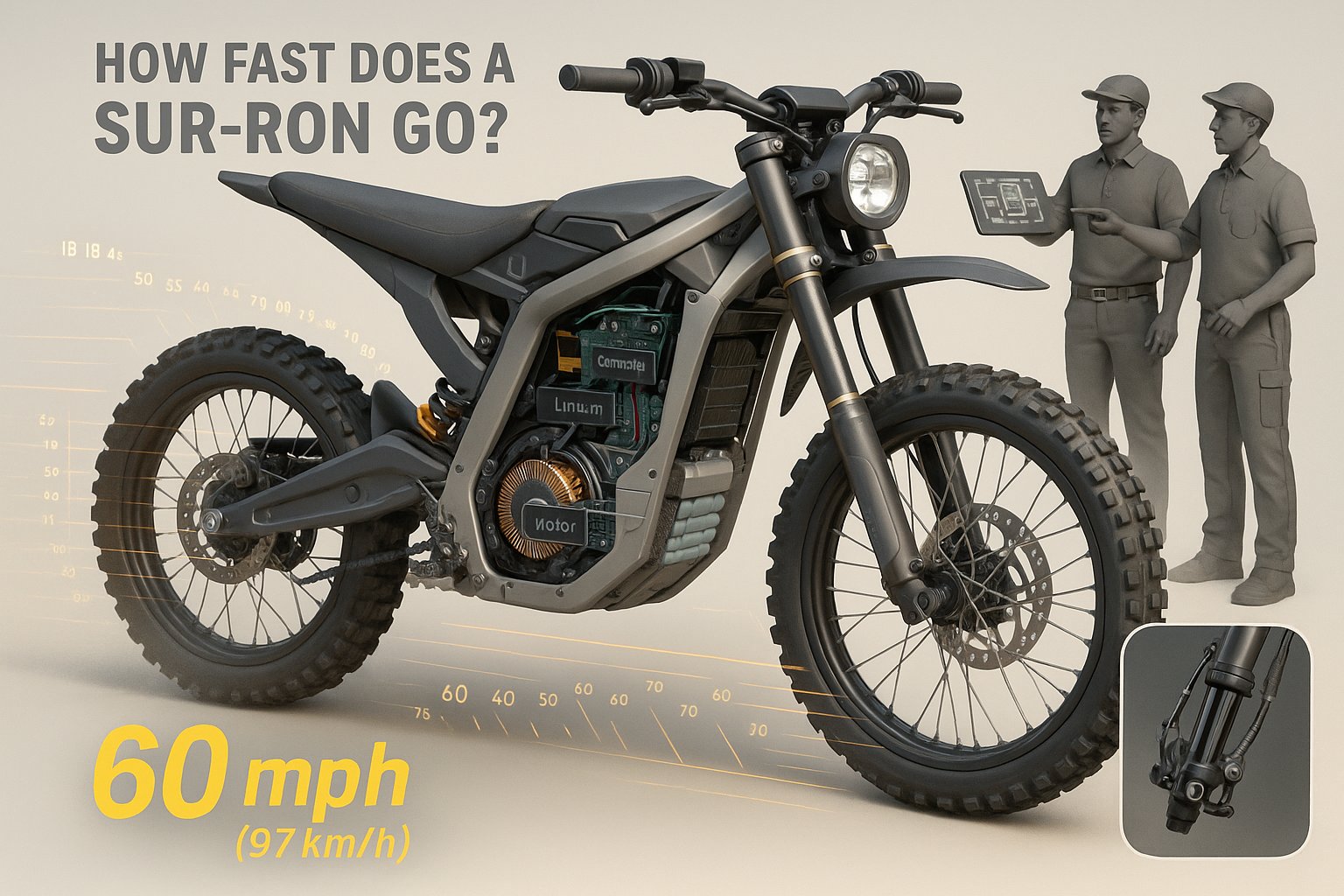 3D render of a Sur Ron bike cutaway with technicians and 60 mph indicator.
