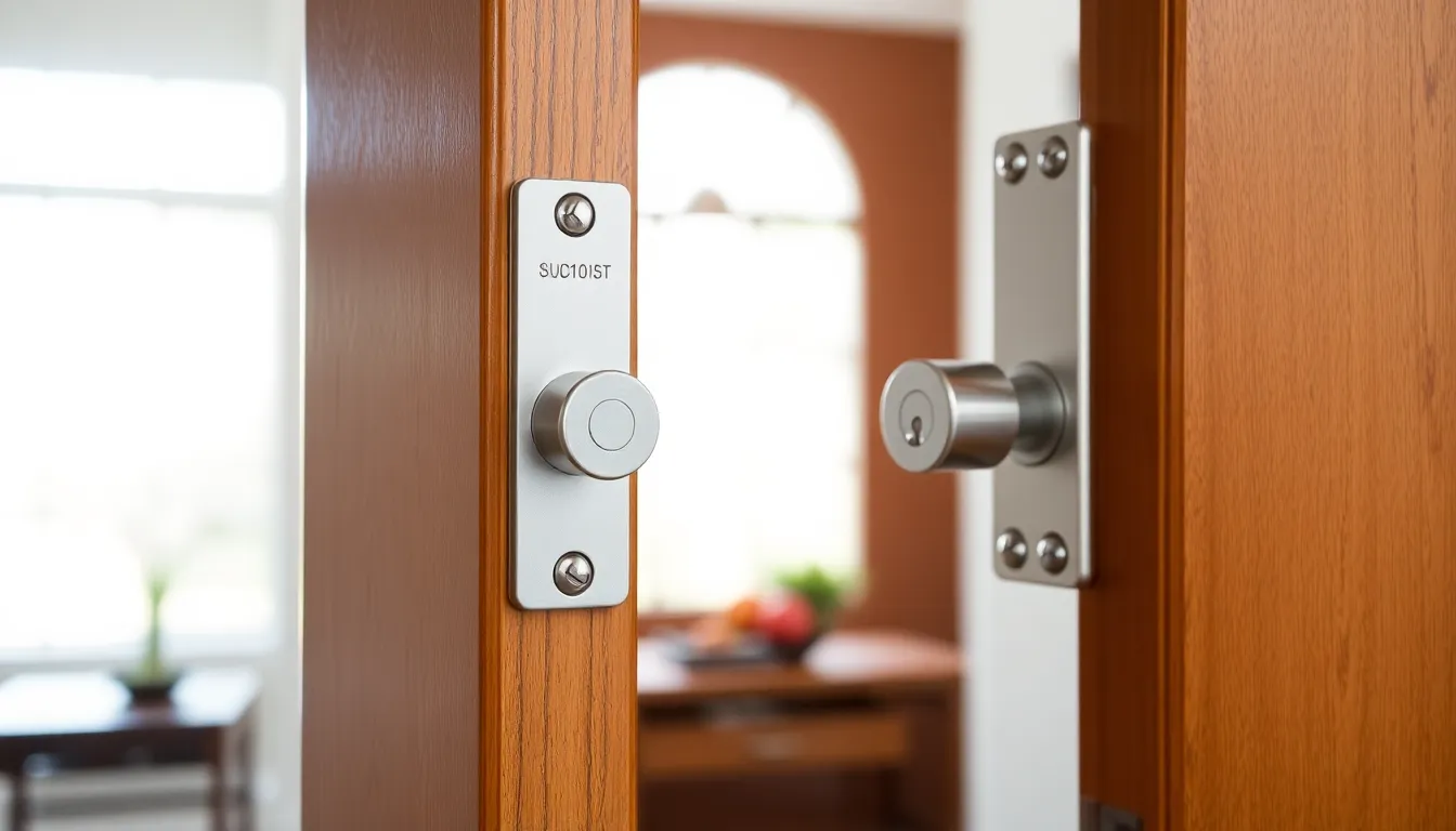Close-up of a door security latch on a stylish wooden door.