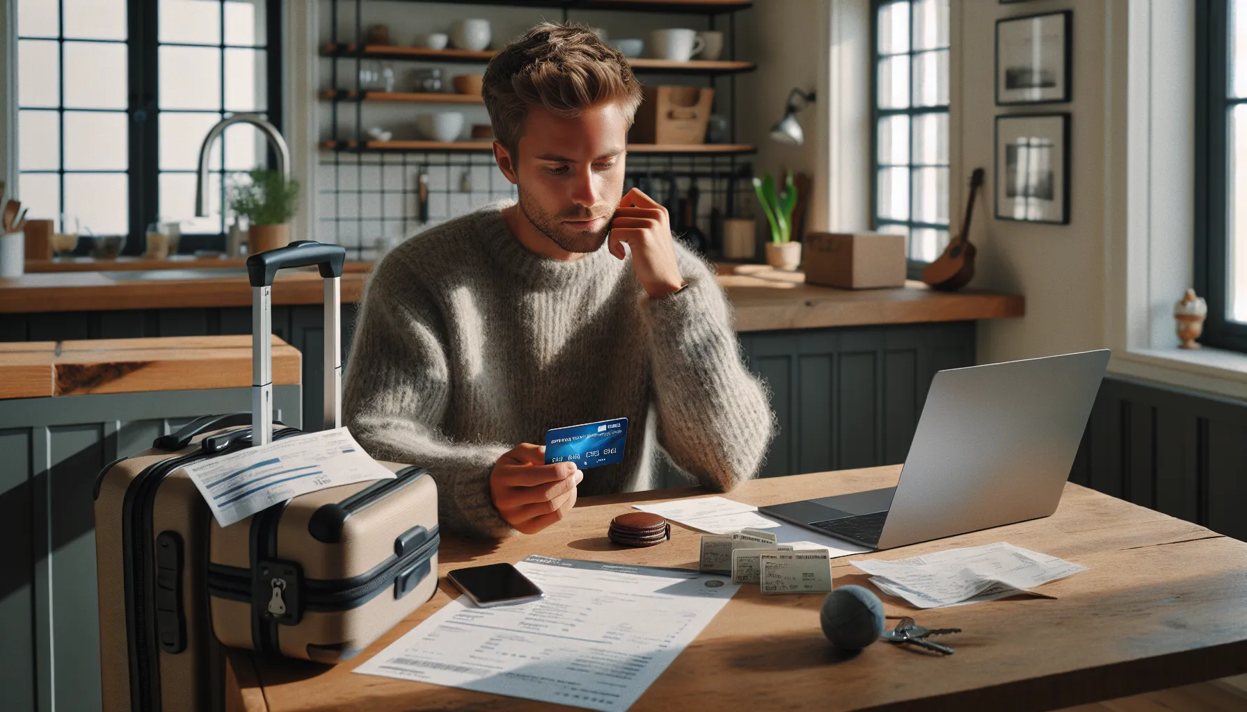 Norwegian adult at kitchen table reviewing credit card with travel and purchase items.