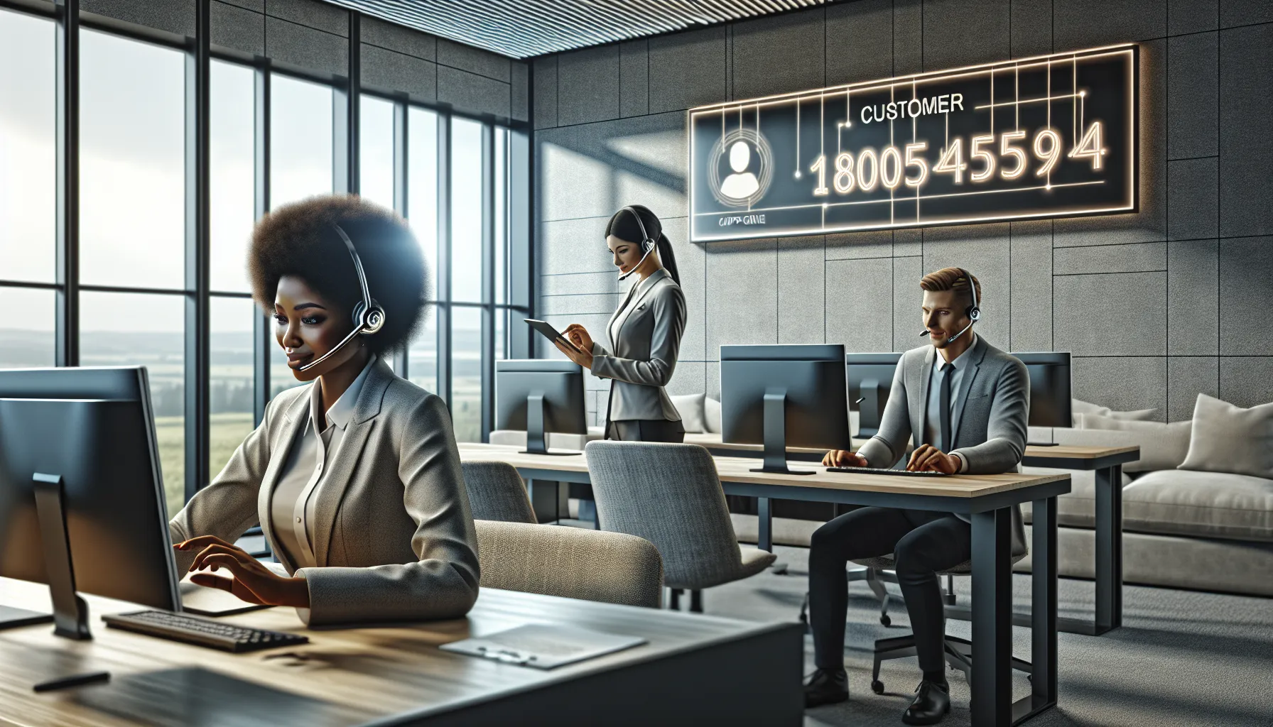 diverse customer service representatives in a modern office setting.