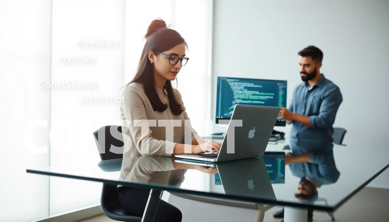 developer coding in an office with a focus on uppercase in JavaScript.