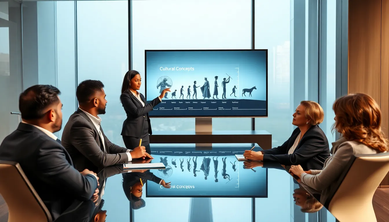 diverse professionals discussing historical concepts in a modern conference room.