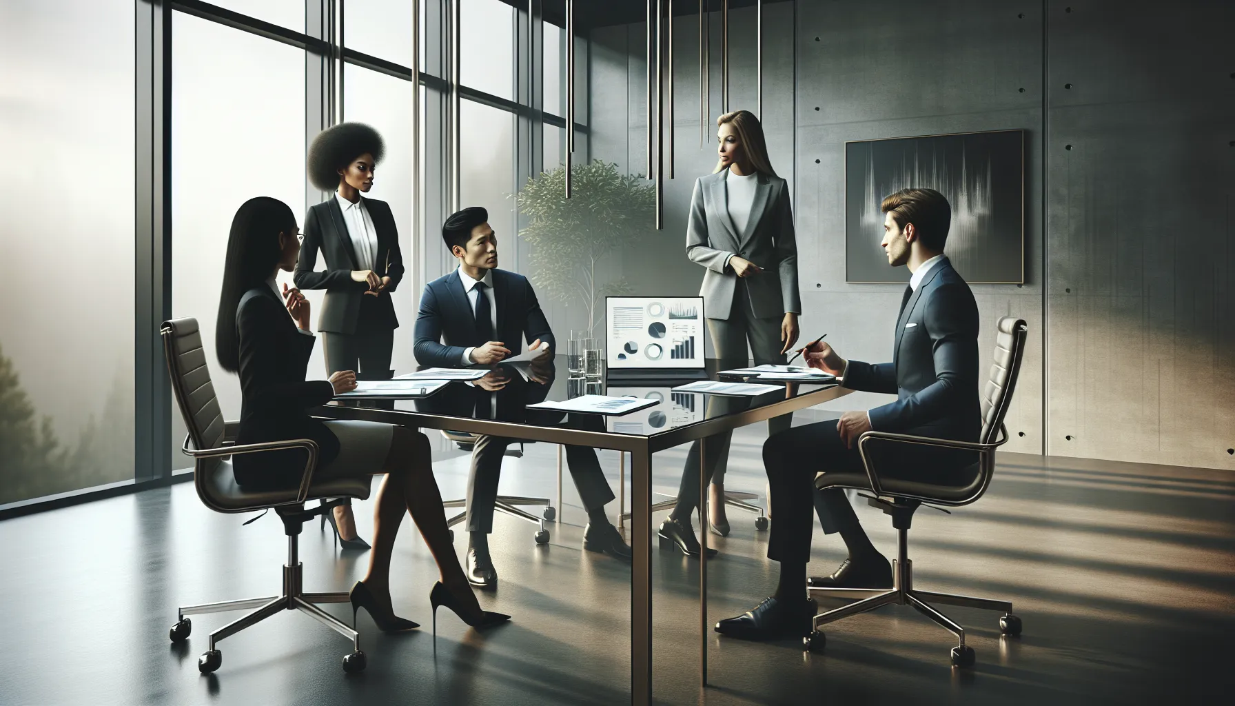 diverse team discussing business at a modern conference table.