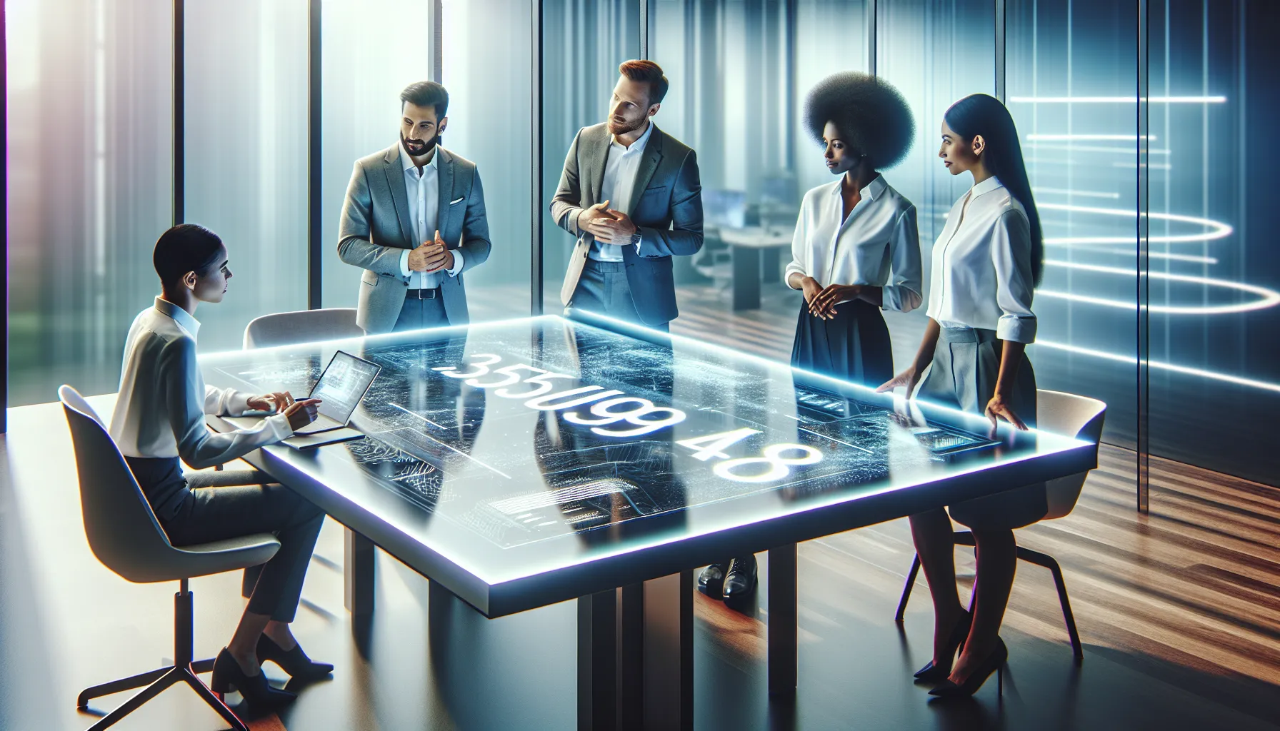 diverse professionals discussing technology in a modern office.