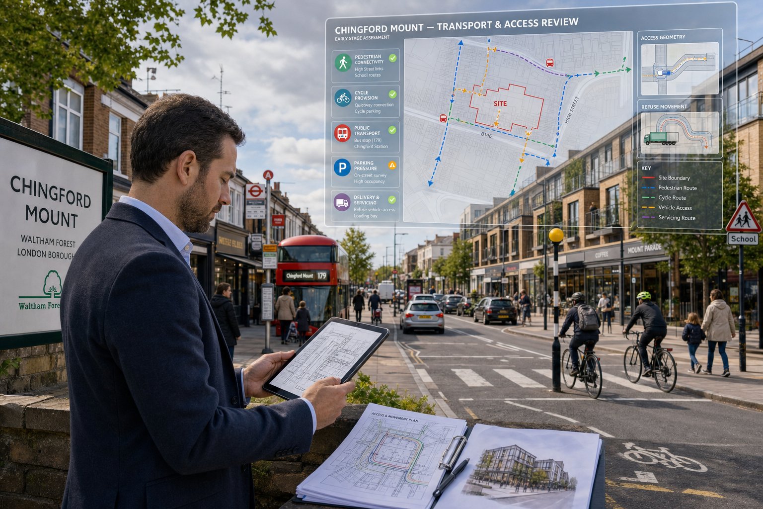 Traffic engineer reviewing street access and transport plans in Chingford Mount.
