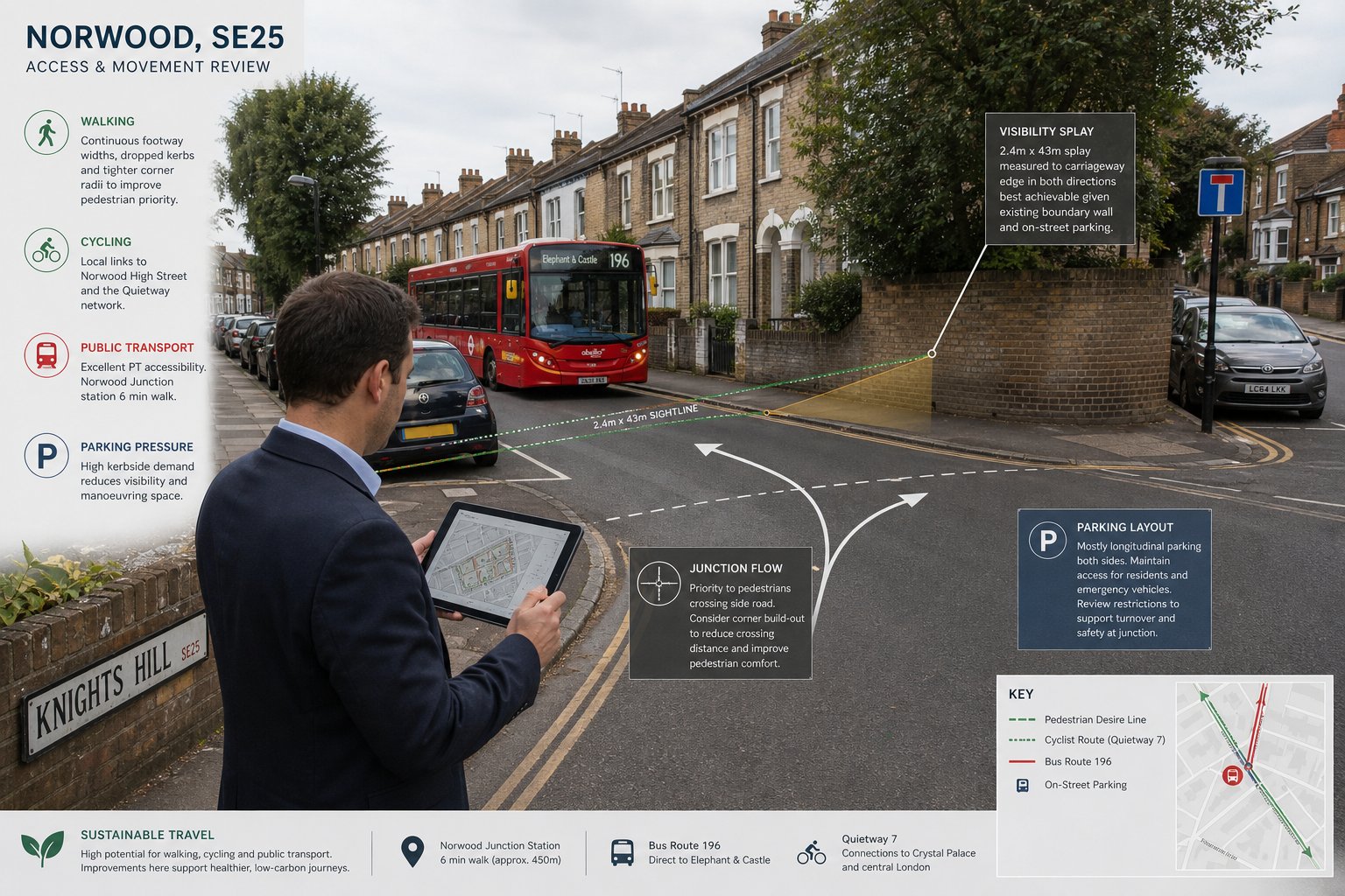 Traffic engineer assessing a constrained Norwood street with parking and visibility issues.