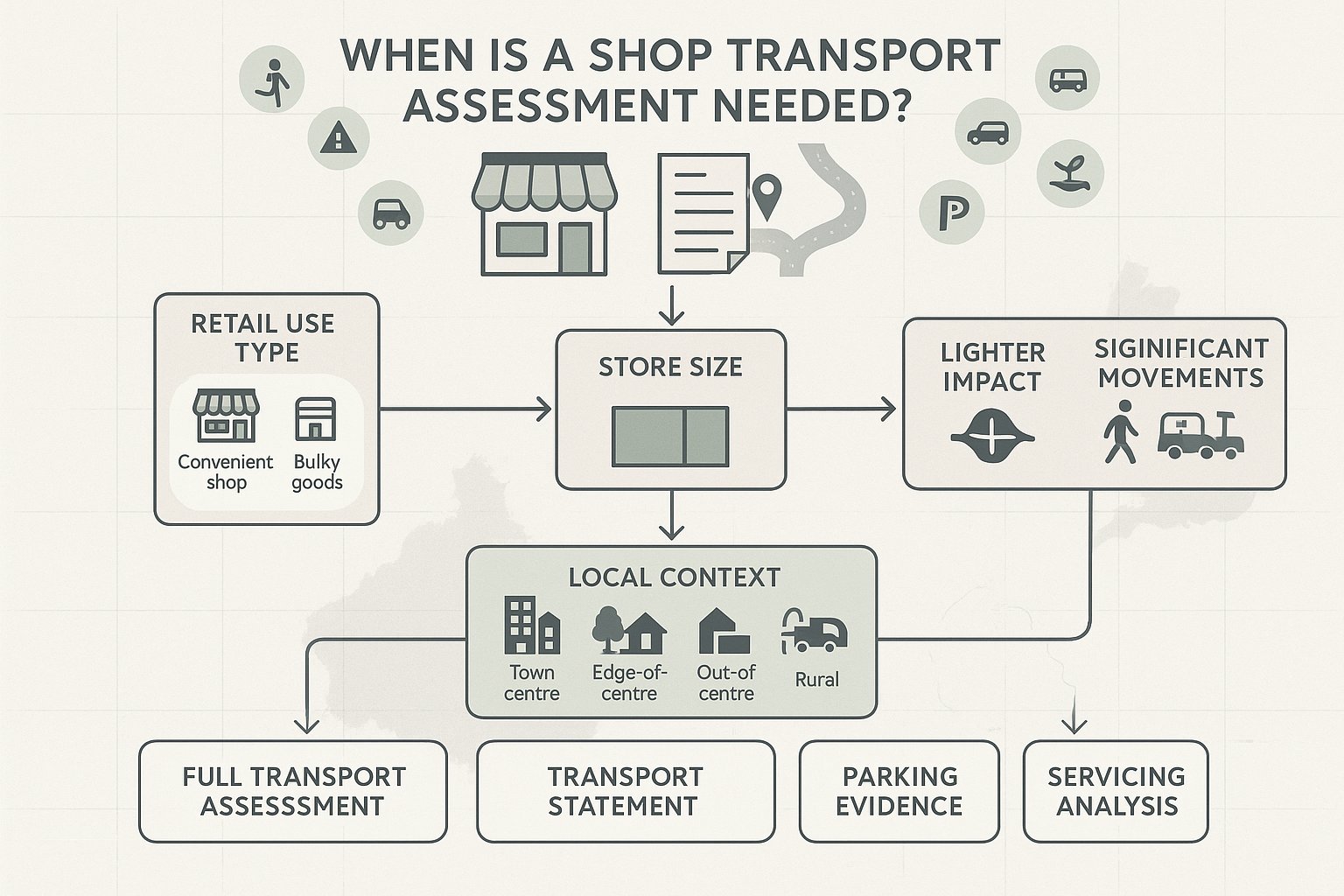 Flowchart showing when a shop transport assessment is needed in the UK.