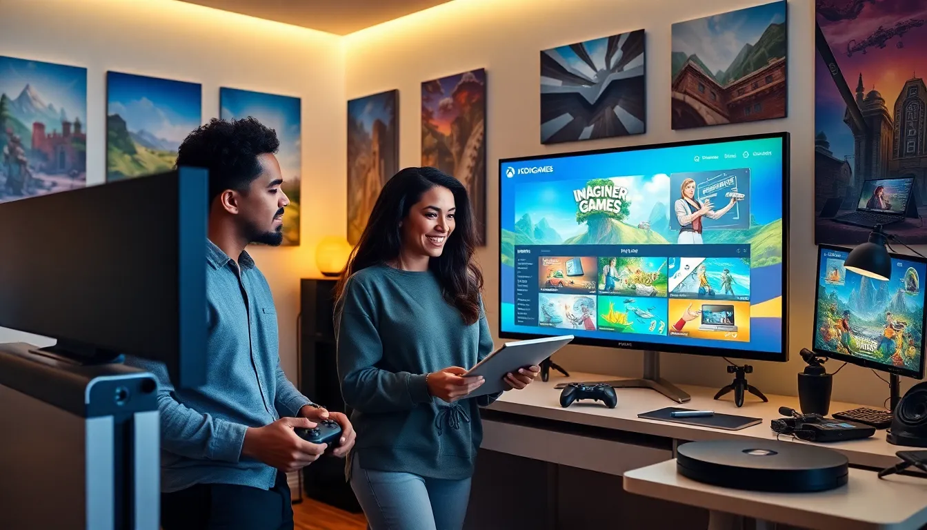 diverse group collaborating on Xbox ImagineerGames in a modern gaming setup.