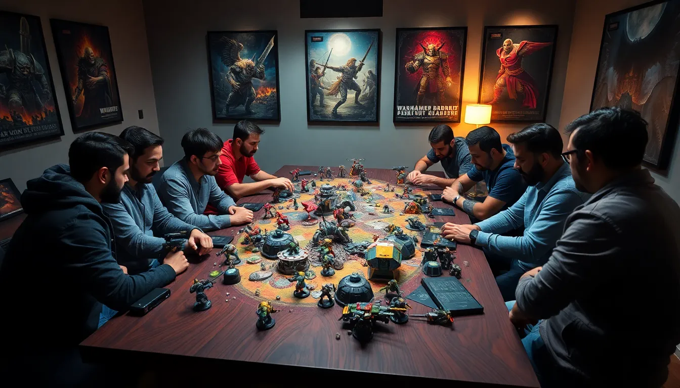 diverse gamers strategizing in a Warhammer 40,000 themed setting.