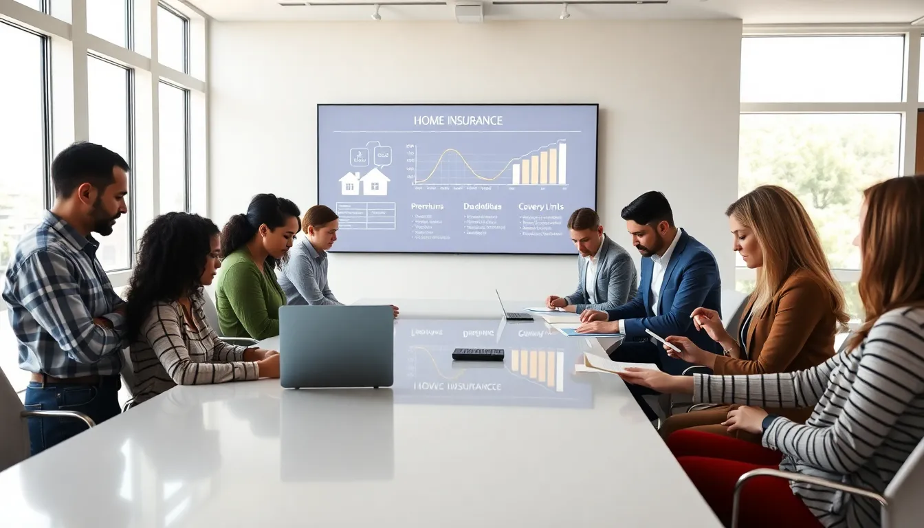 diverse group discussing home insurance in a modern office.