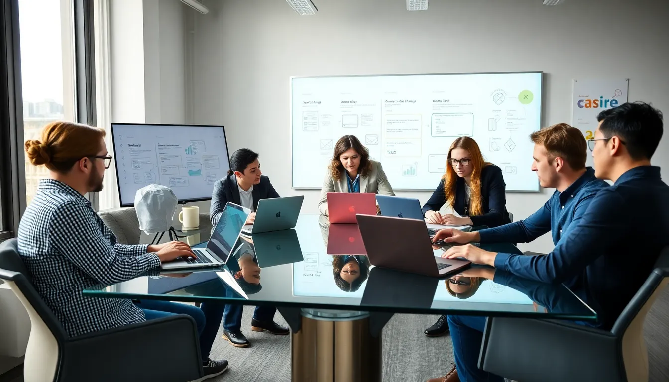diverse team collaborating on web development design in a modern office.