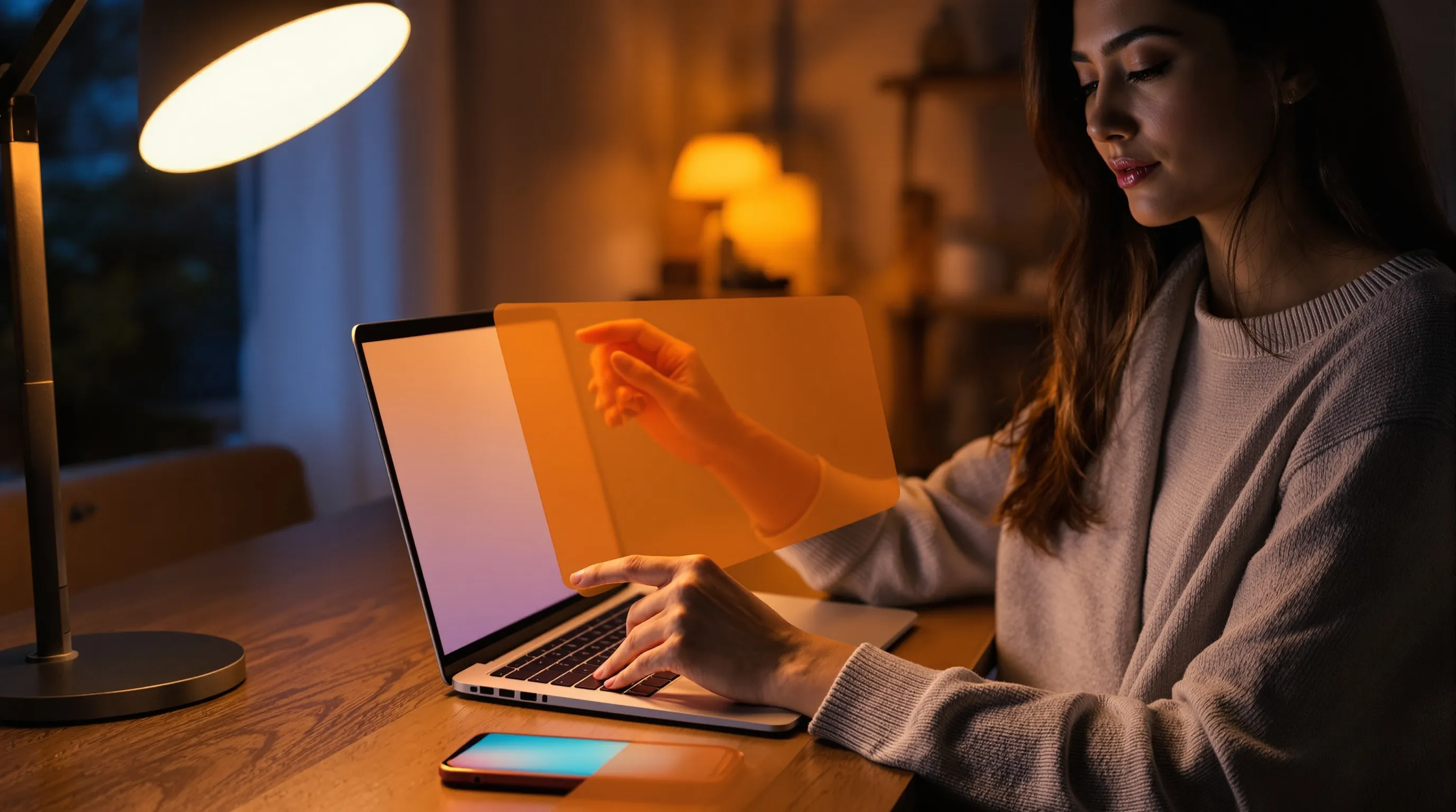 Woman applying a matte blue light screen filter to a warm-tinted laptop.
