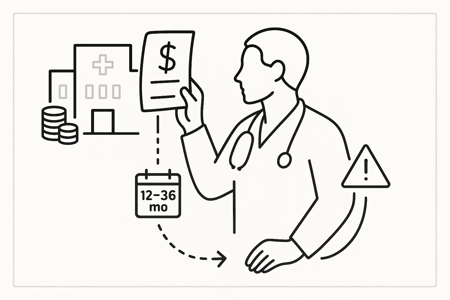 Veterinarian holding a contract linked to a calendar and repayment warning.