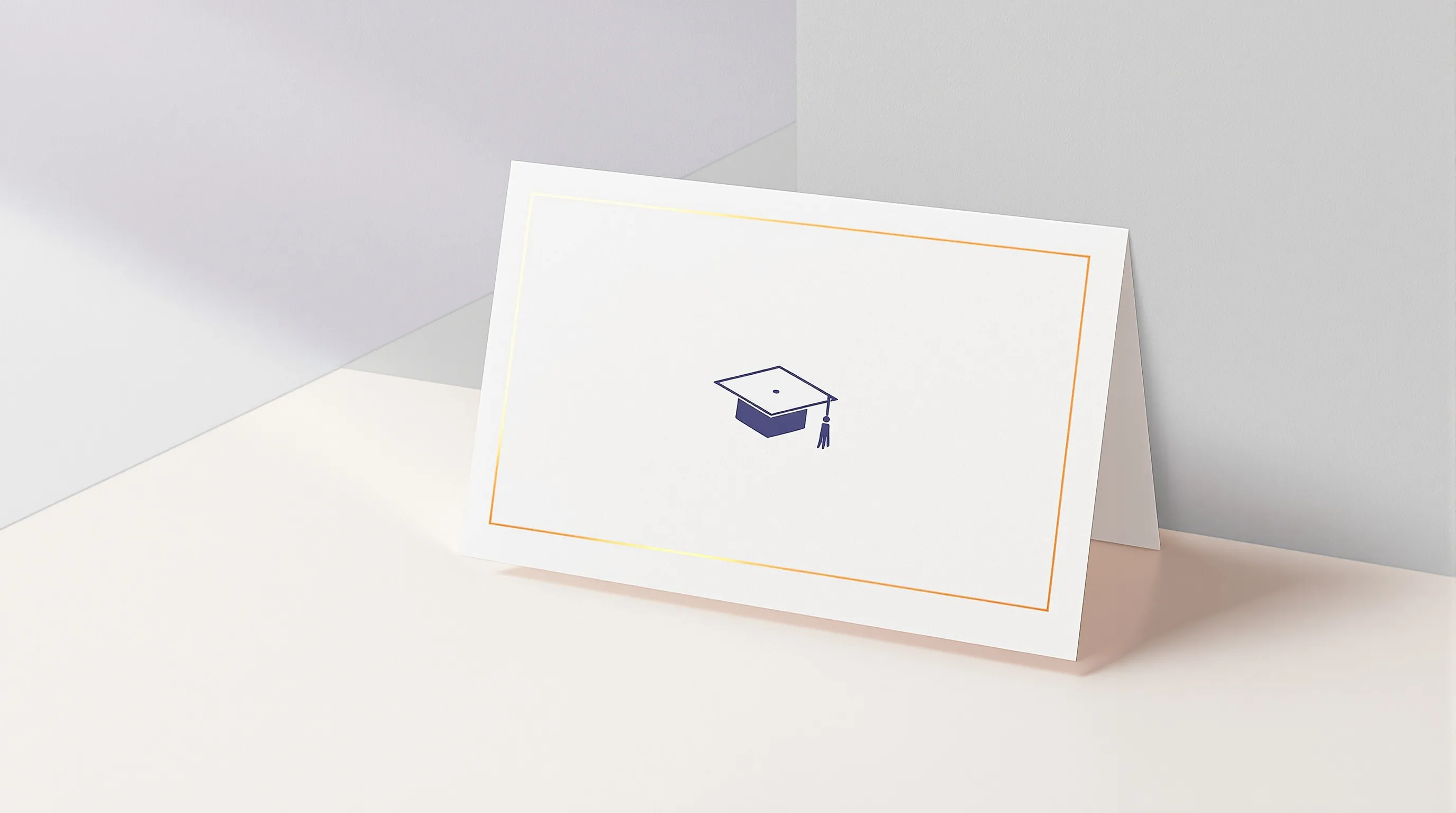 A minimal graduation card with mortarboard icon on clean white background.