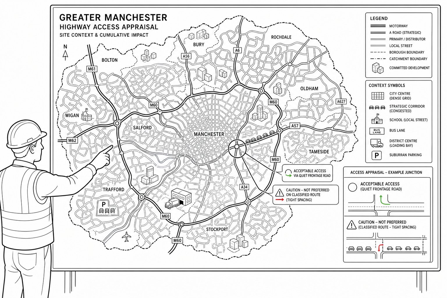 Highway engineer reviewing a Greater Manchester road context map.