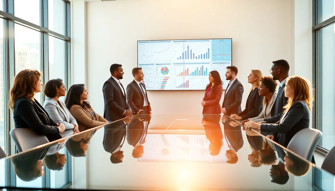 diverse team analyzing data in a modern office.