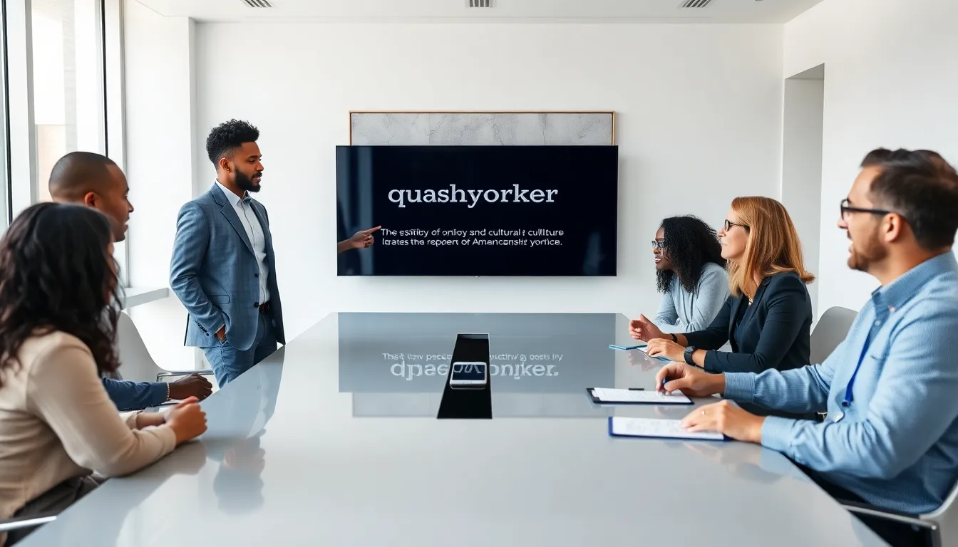 diverse professionals discussing the term 'quashiyorker' in a modern office setting.