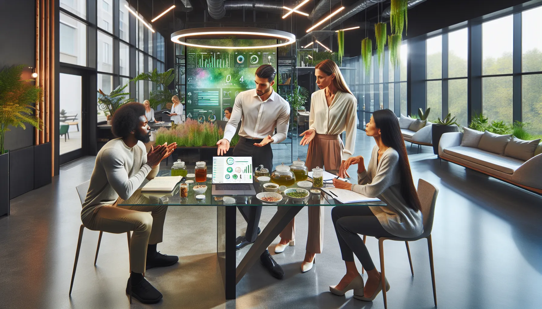 diverse team discussing holistic health in a modern office.