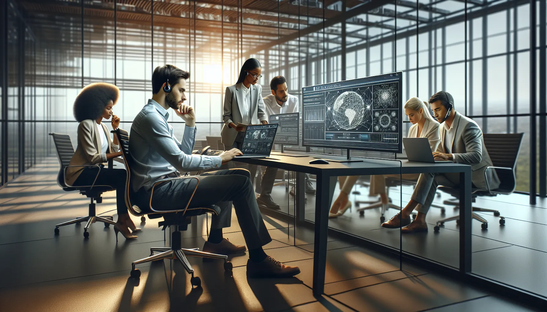 IT professionals managing network systems in a modern office.