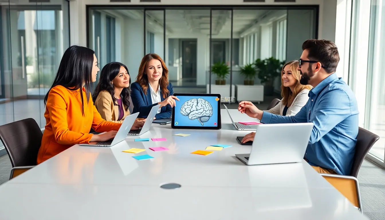 diverse professionals discussing language learning benefits in a modern office.