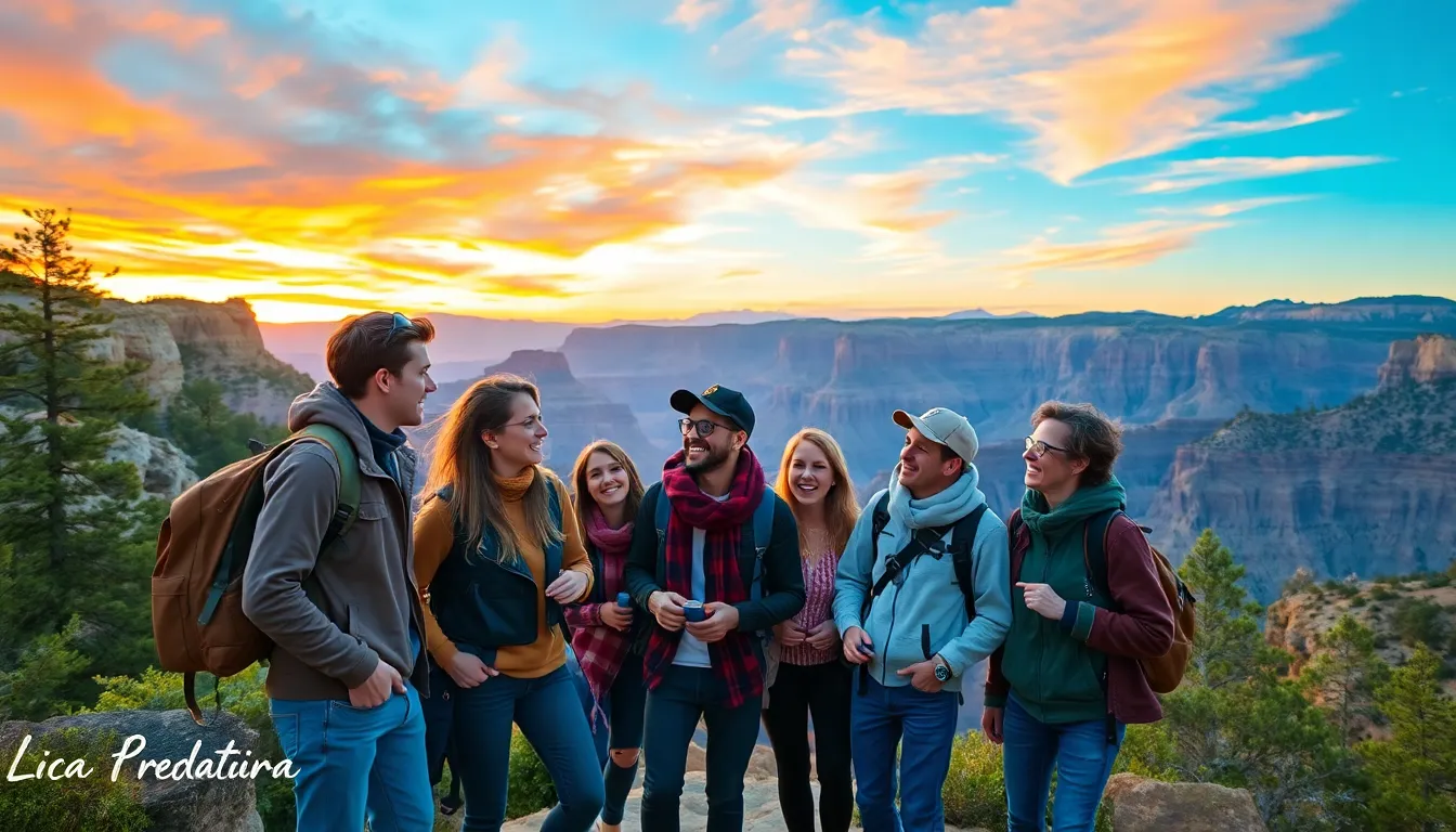 diverse travelers exploring a picturesque American landscape.
