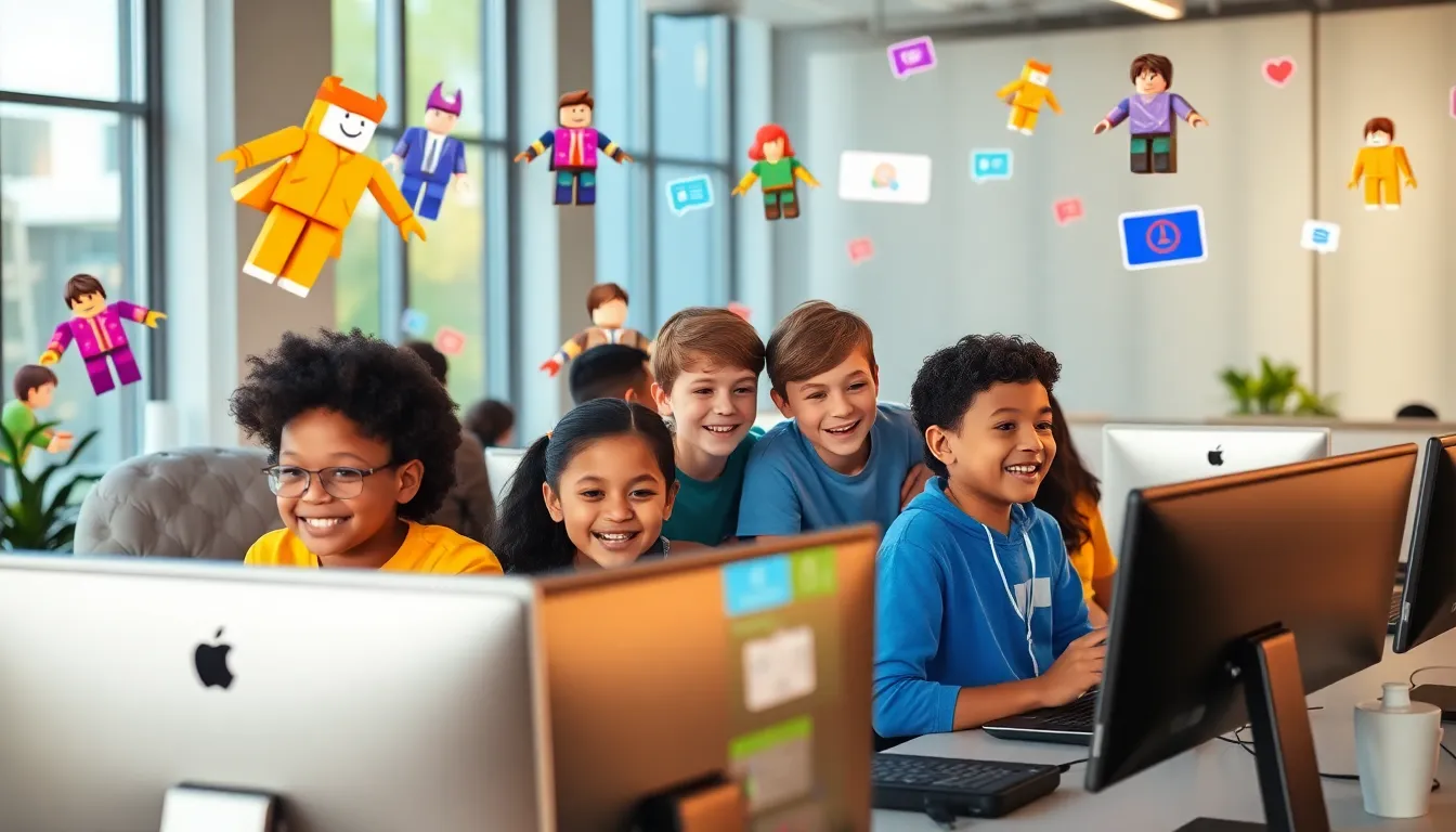 diverse kids collaborating in a Roblox gaming environment.