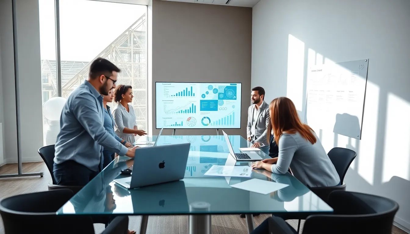 diverse team collaborating on innovative ideas in a modern office.