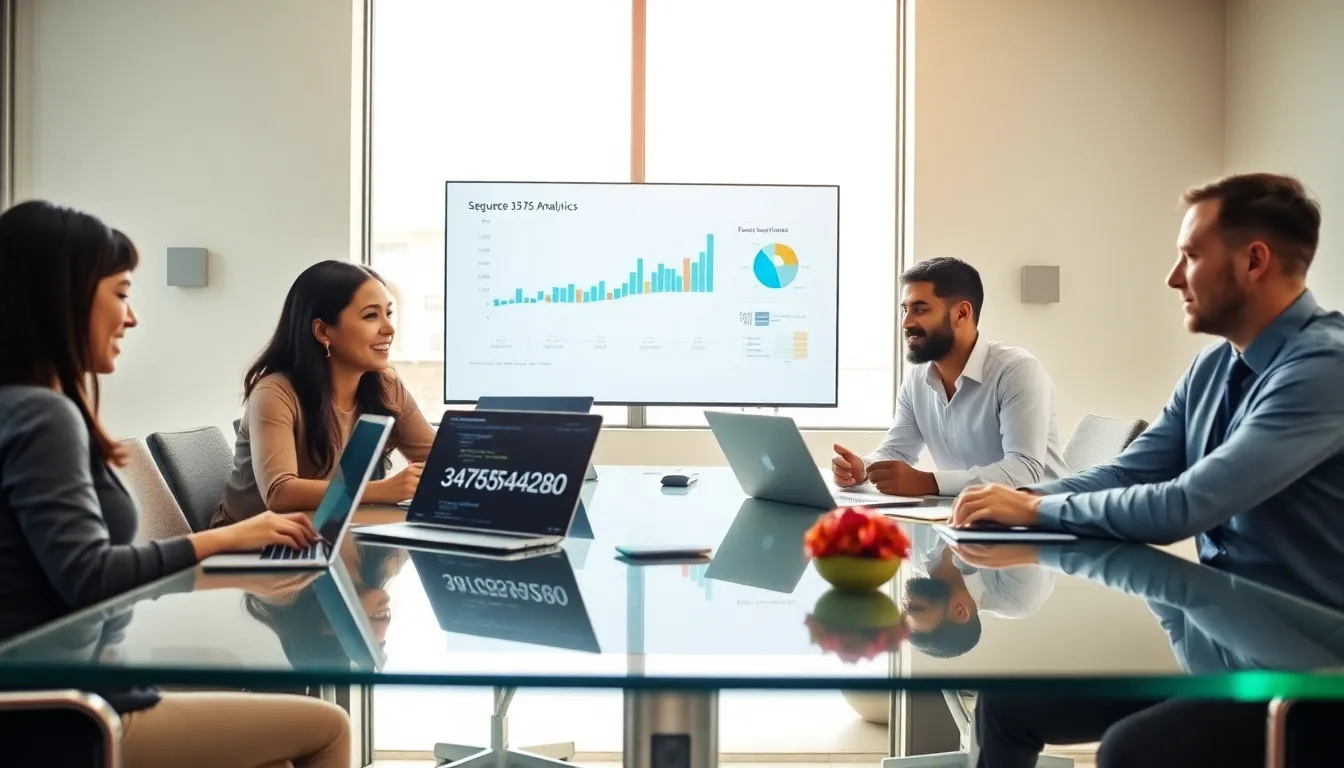 diverse team discussing data analytics in a modern office.
