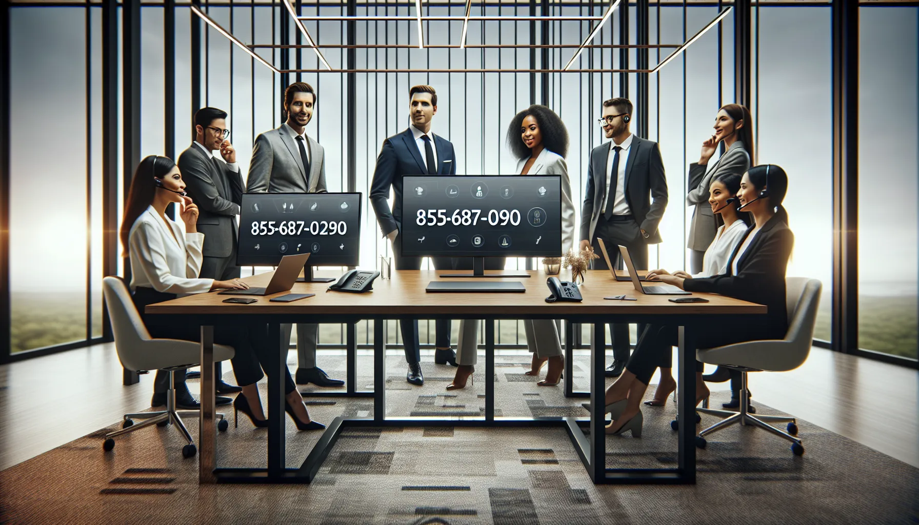 diverse team discussing in a modern office setting with a digital display.