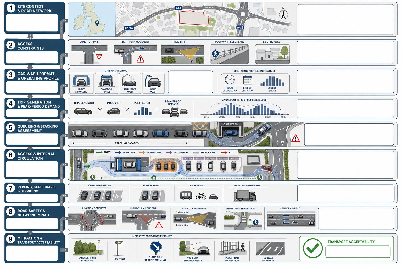 Infographic of car wash transport assessment steps, traffic flow, queues and access layout.