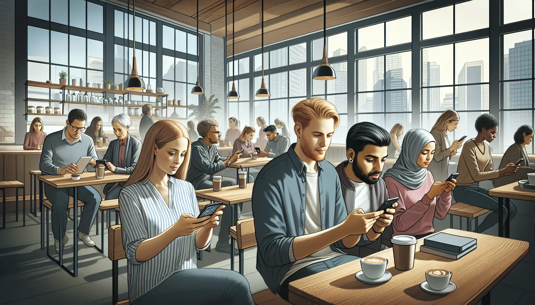 People in a coffee shop using a mix of Apple and Android smartphones.