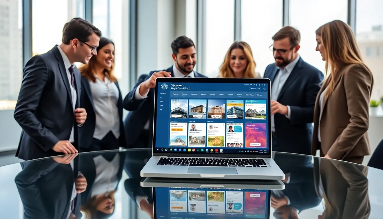 professionals discussing real estate on a modern laptop in an office.