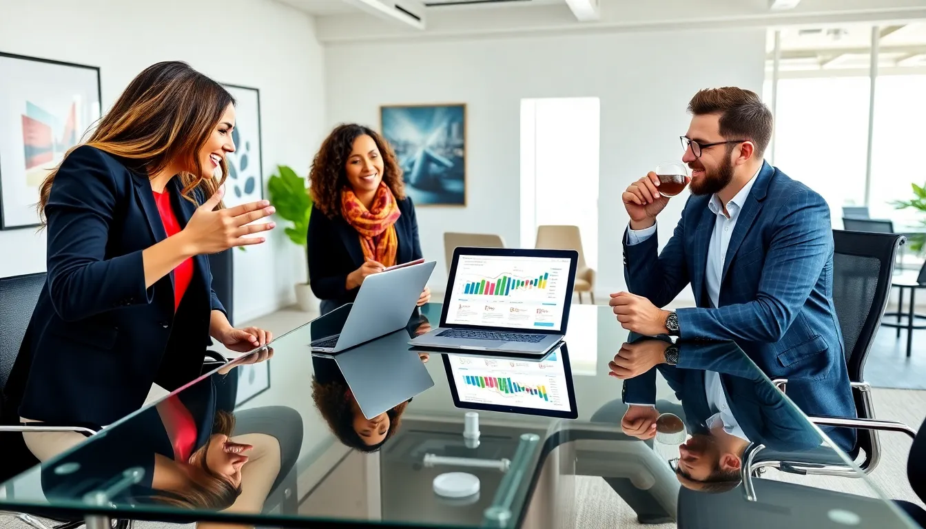 diverse team collaborating on social media strategies in a modern office.