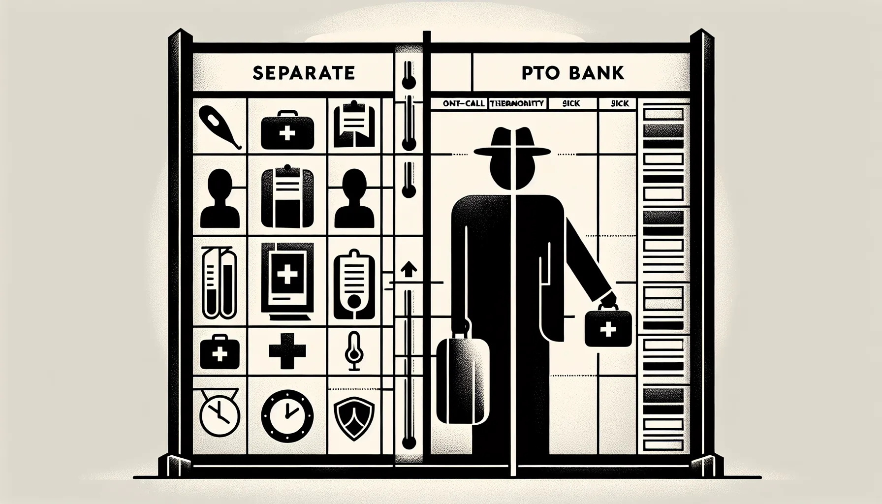 Line art of vet pointing to calendar comparing separate PTO buckets and a single PTO bank.