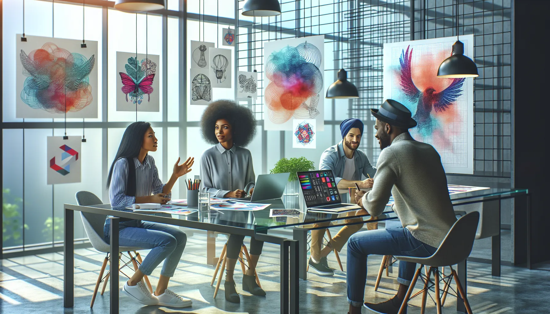 diverse team collaborating on creative Gfhaevcbnb designs in a modern studio.