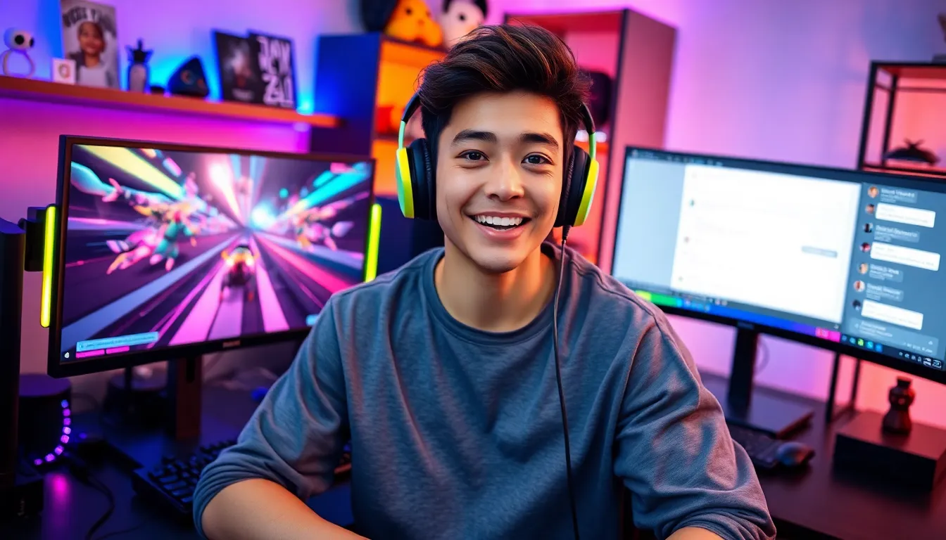 young male gamer streaming in a modern gaming setup.