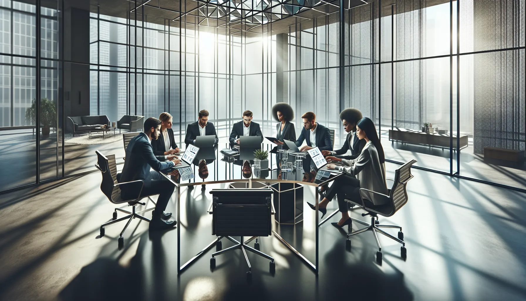 diverse professionals collaborating in a modern office setting.