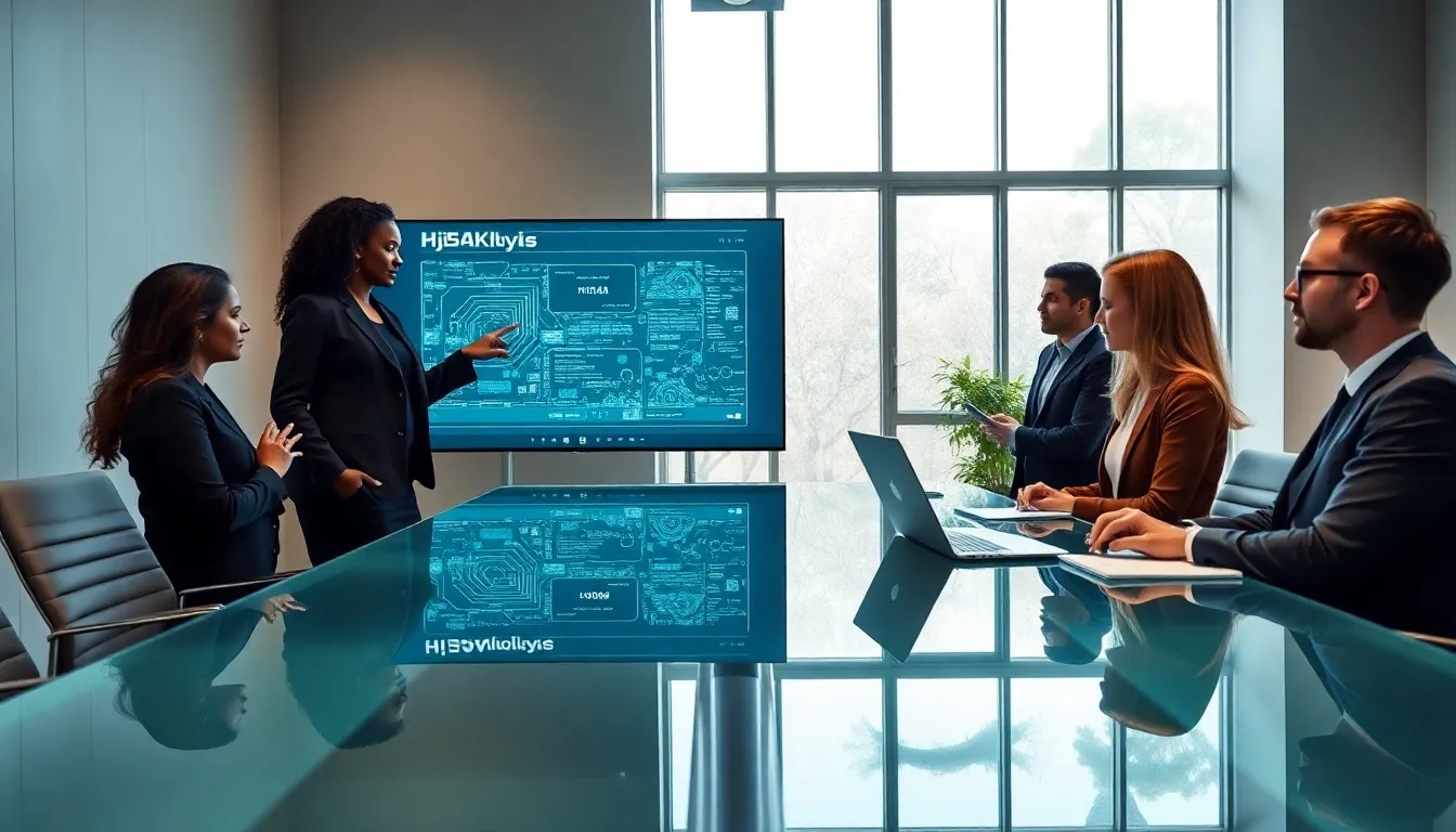 diverse team discussing technology concepts in a modern office.