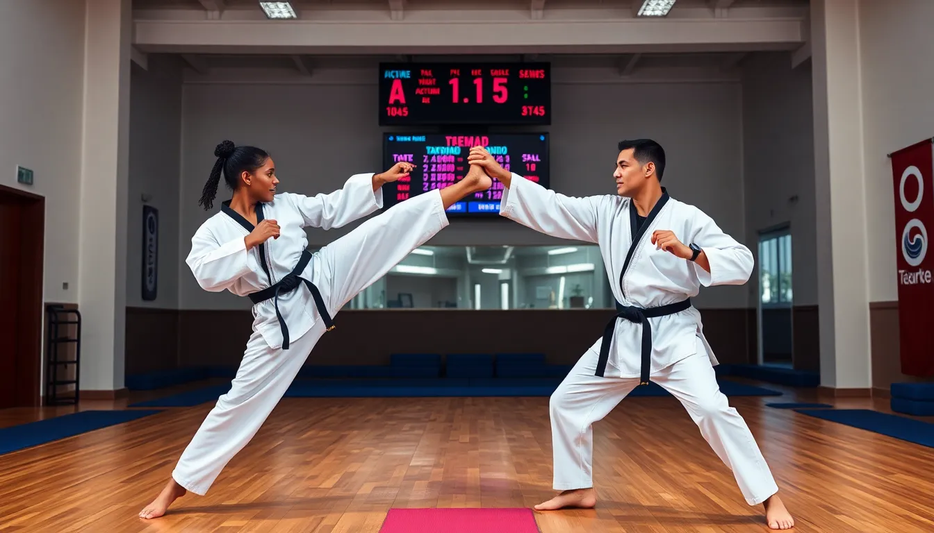 two taekwondo fighters in action during a bout.