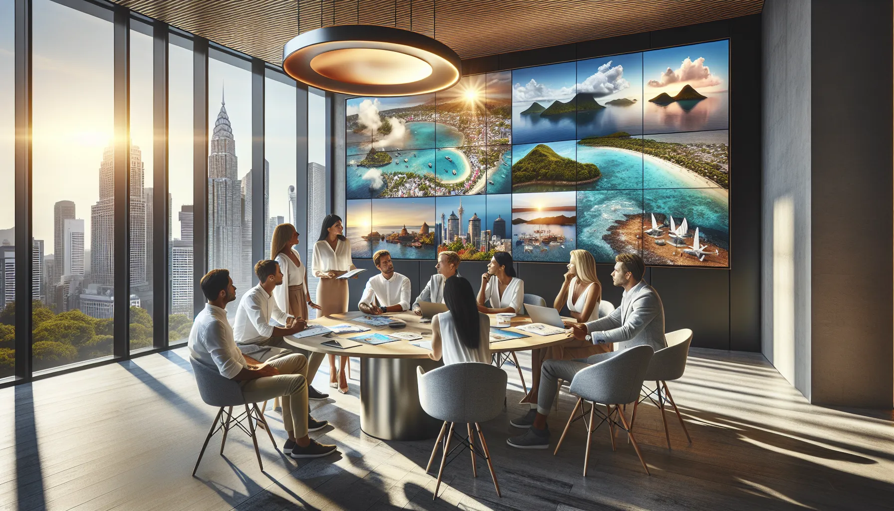diverse team discussing popular travel destinations in a modern office.